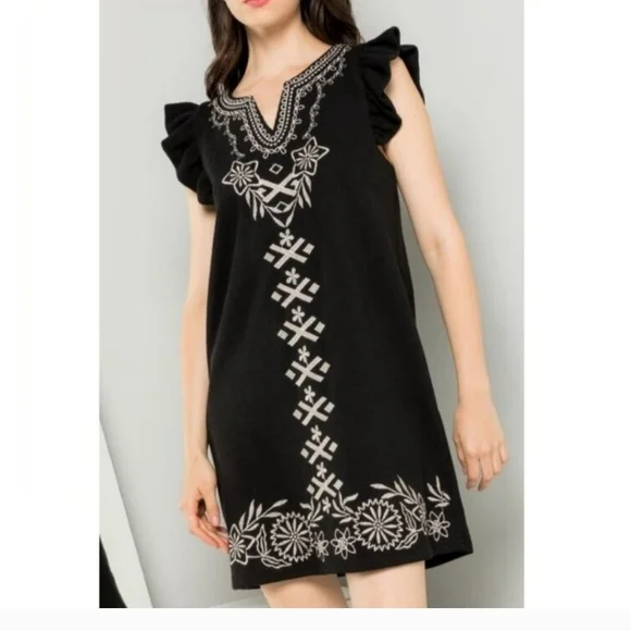 thml black embroidered dress THML Catherine Flutter Sleeve Embroidery Detail Dress XS